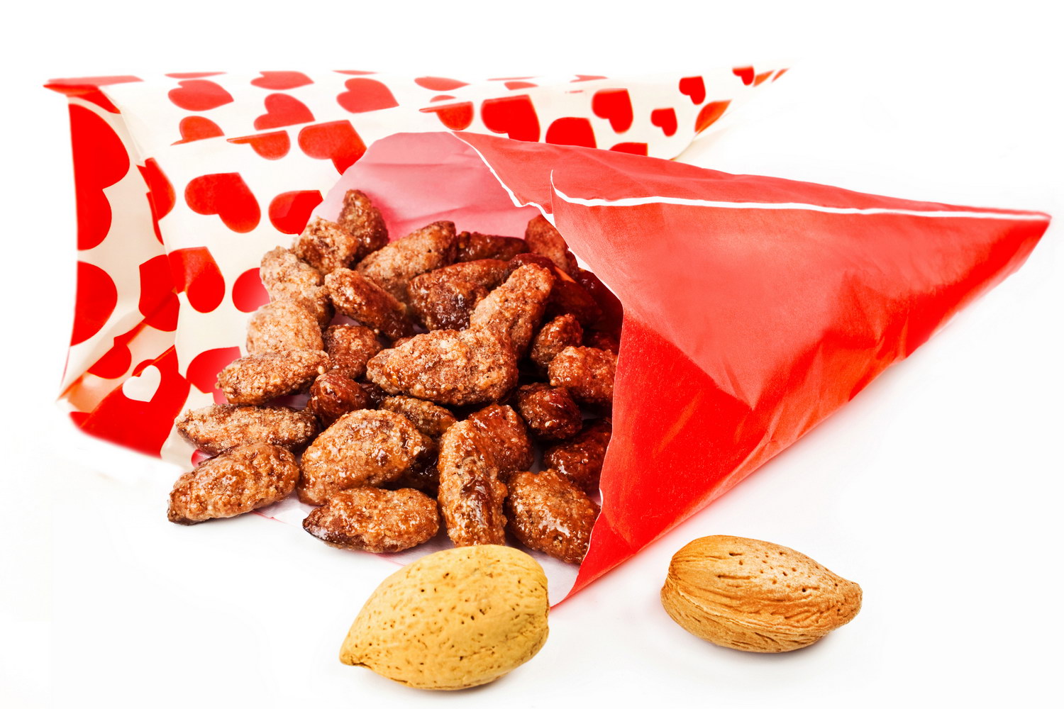 Roasted almonds and red bag with hearts