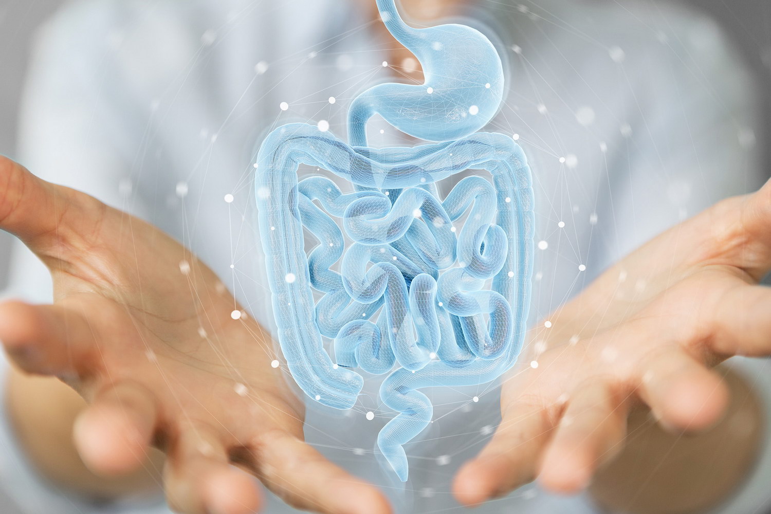 Woman using digital x-ray of human intestine holographic scan pr